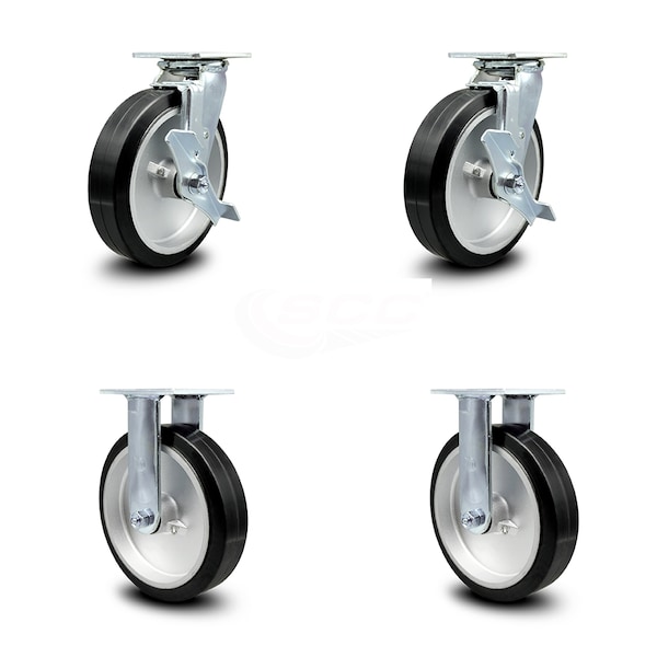 8 Inch Rubber on Aluminum Caster Set with Ball Bearings 2 Brakes 2 Rigid SCC